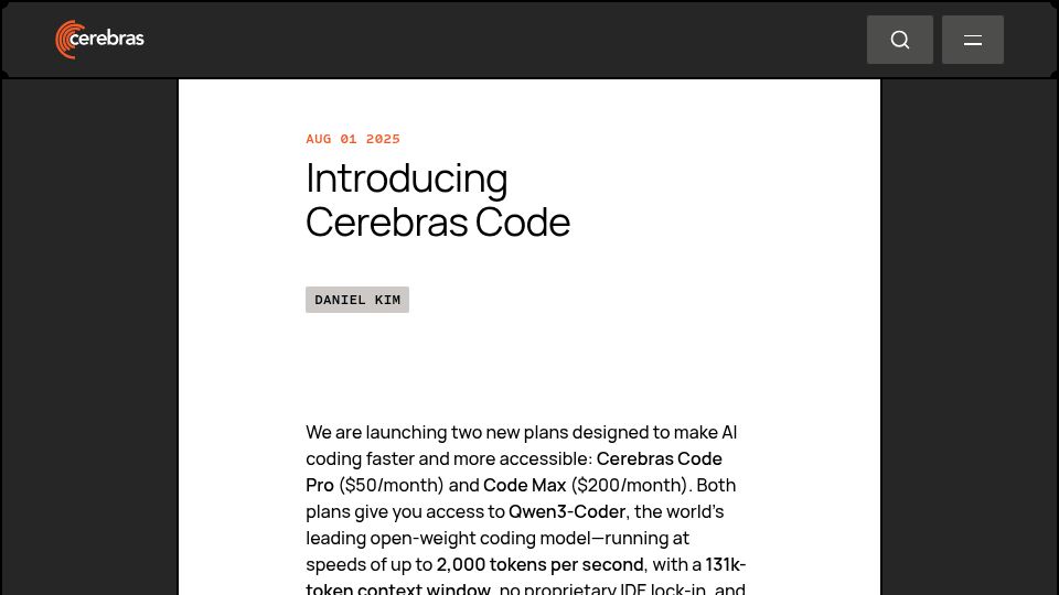Screenshot of cerebras.ai: Cerebras Code