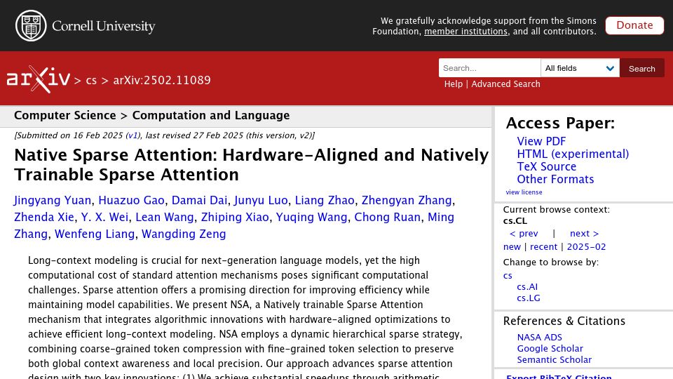 Screenshot of aclanthology.org: Native Sparse Attention