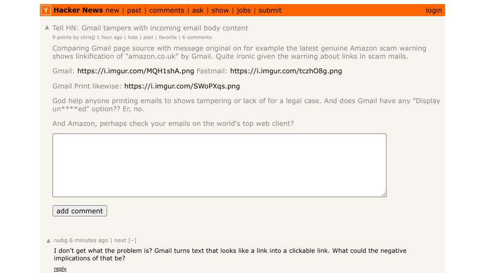 Screenshot of Hacker News post: Tell HN: Gmail tampers with incoming email body content
