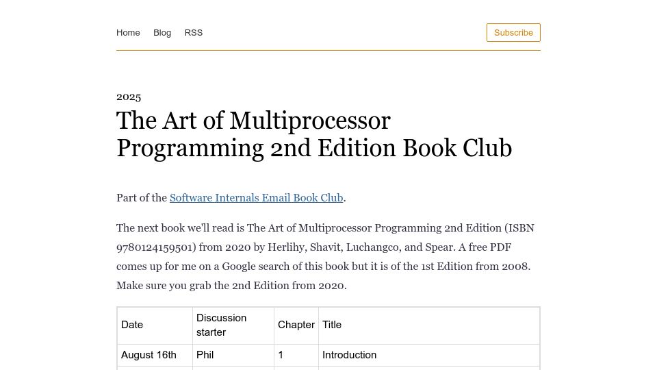 Screenshot of eatonphil.com: The Art of Multiprocessor Programming 2nd Edition Book Club