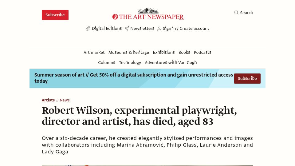 Screenshot of theartnewspaper.com: Robert Wilson has died