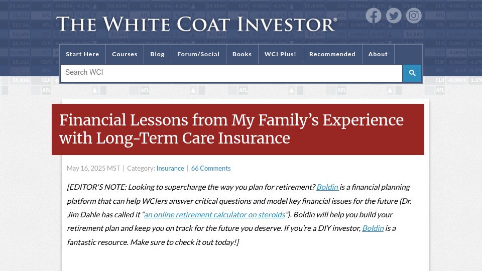 Screenshot of whitecoatinvestor.com: Financial lessons from my family's experience with long-term care insurance