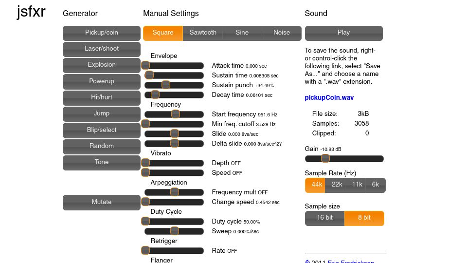 Screenshot of github.grumdrig.com: JavaScript retro sound effects generator