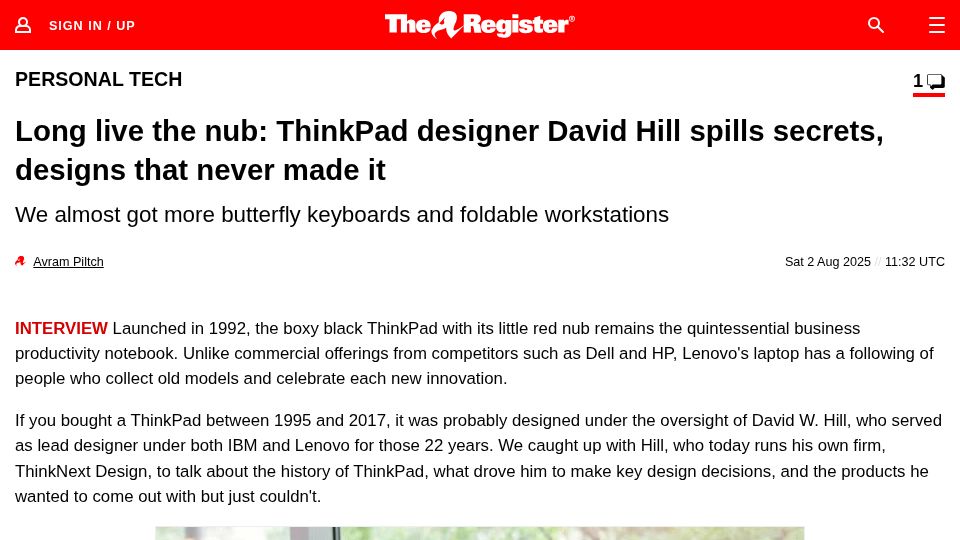 Screenshot of theregister.com: ThinkPad designer David Hill on unreleased models