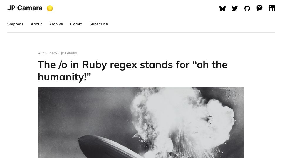 Screenshot of jpcamara.com: The /o in Ruby regex stands for "oh the humanity "