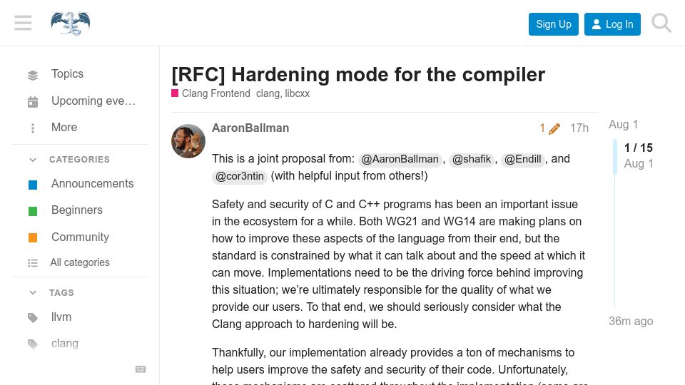 Screenshot of discourse.llvm.org: Hardening mode for the compiler