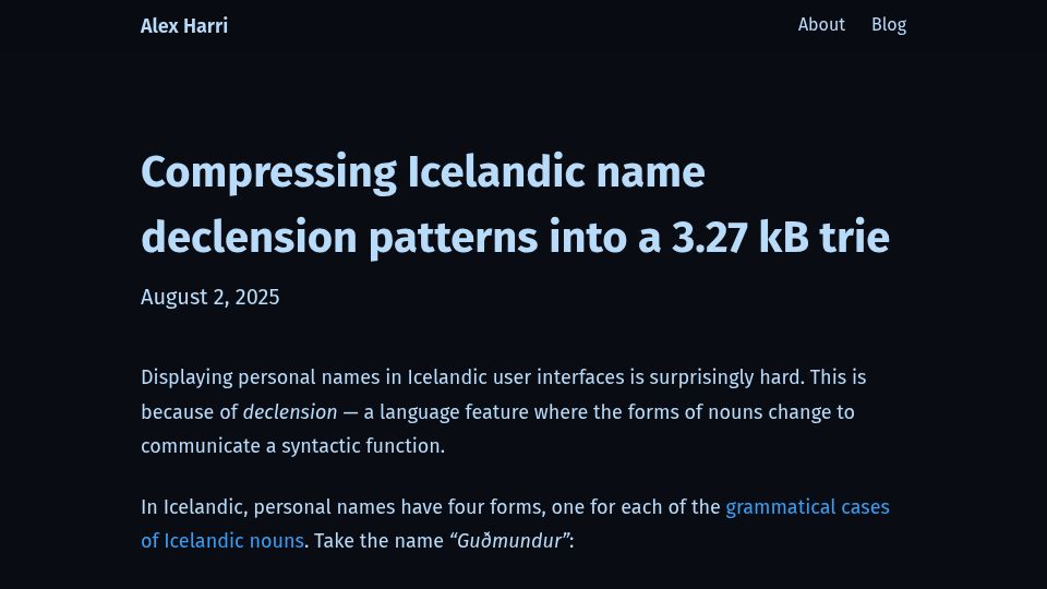 Screenshot of alexharri.com: Compressing Icelandic name declension patterns into a 3.27 kB trie