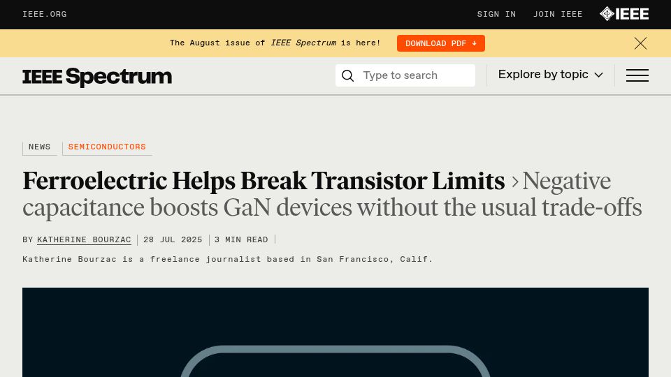 Screenshot of spectrum.ieee.org: Ferroelectric Helps Break Transistor Limits