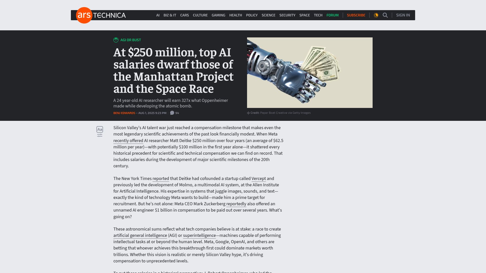 Screenshot of arstechnica.com: At $250M, top AI salaries dwarf the Manhattan Project and the Space Race