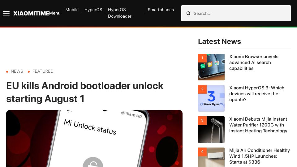 Screenshot of xiaomitime.com: EU kills Android bootloader unlock starting August 1