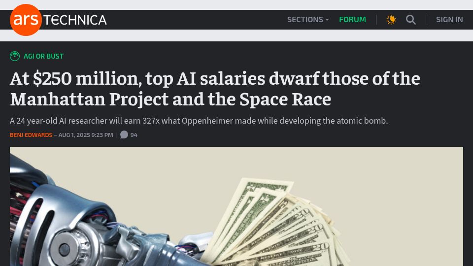 Screenshot of arstechnica.com: At $250M, top AI salaries dwarf the Manhattan Project and the Space Race