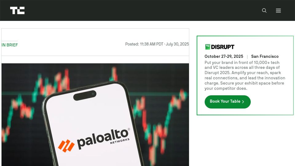 Screenshot of techcrunch.com: Palo Alto Networks agrees to buy CyberArk for $25B