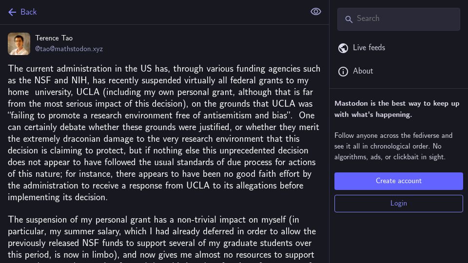 Screenshot of mathstodon.xyz: Terence Tao on the suspension of UCLA grants