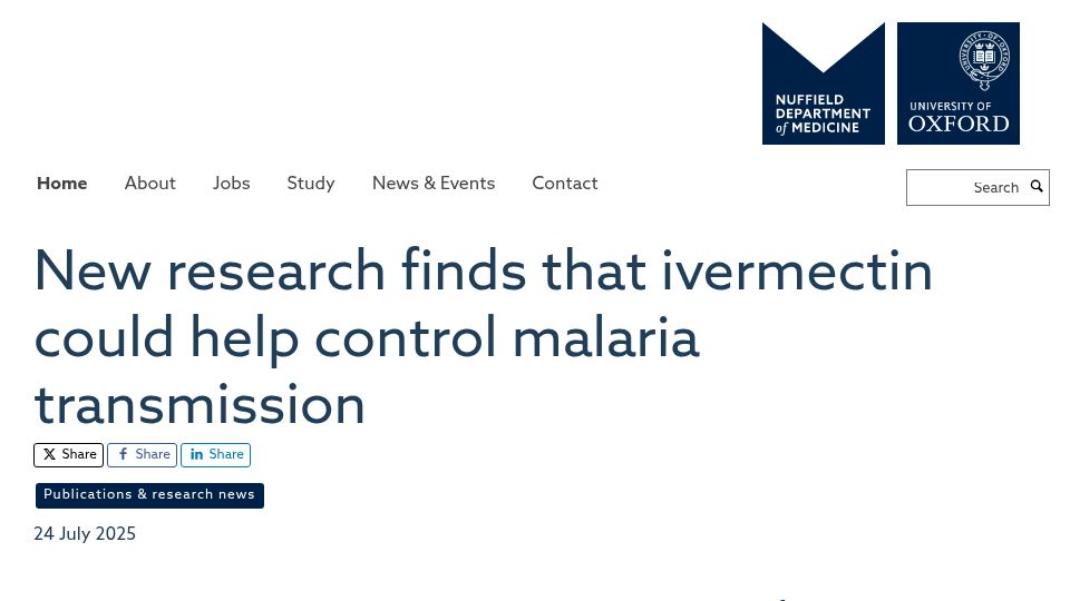 Screenshot of ndm.ox.ac.uk: New research finds that ivermectin could help control malaria transmission