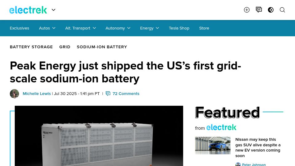 Screenshot of electrek.co: Peak Energy just shipped the US's first grid-scale sodium-ion battery
