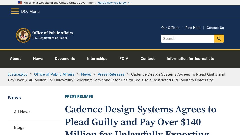 Screenshot of justice.gov: Cadence Guilty, Pays $140M for Exporting Semi Design Tools to PRC Military Uni