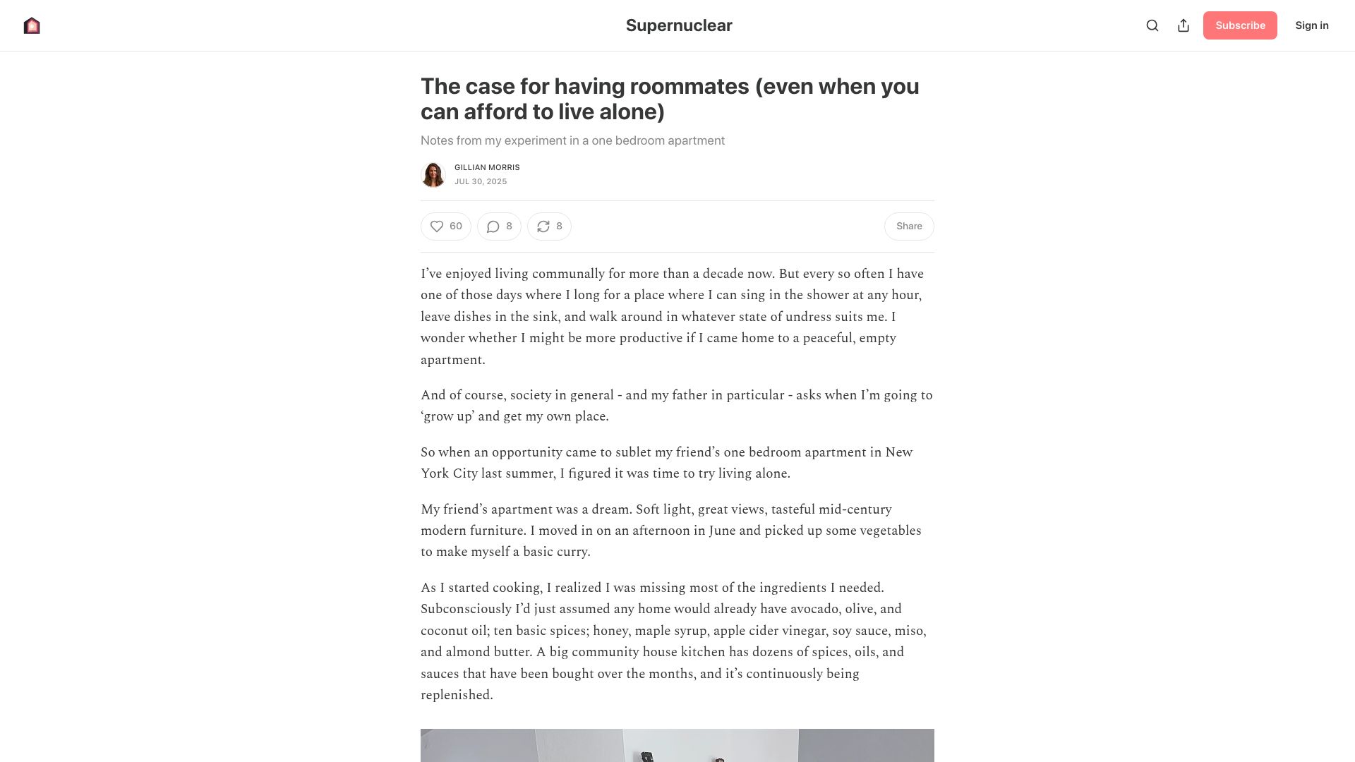 Screenshot of supernuclear.substack.com: The case for having roommates even when you can afford to live alone