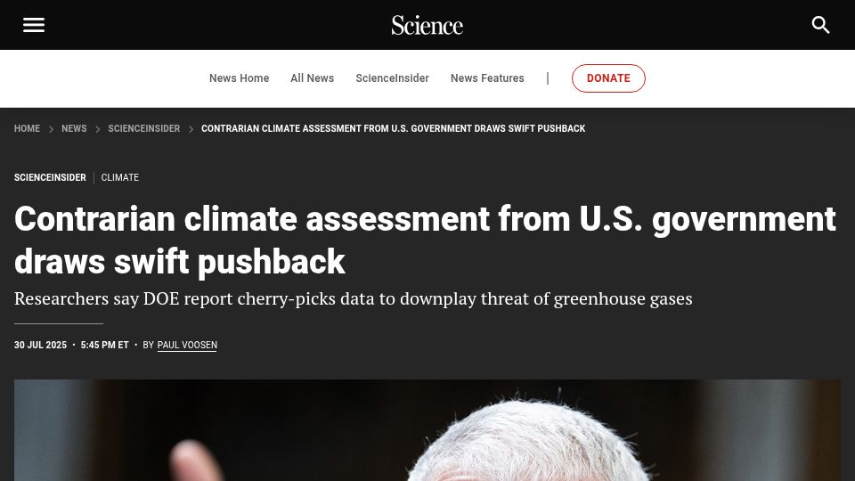 Screenshot of science.org: Contrarian climate assessment from U.S. government draws pushback