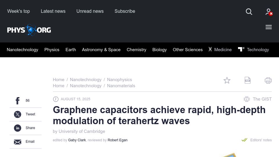 Screenshot of phys.org: Graphene capacitors achieve rapid, high-depth modulation of terahertz waves