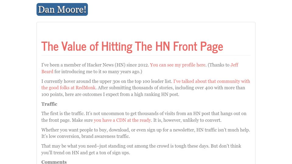 Screenshot of mooreds.com: The value of hitting the HN front page
