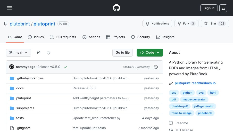 Screenshot of github.com: Show HN: PlutoPrint – Generate PDFs and PNGs from HTML with Python
