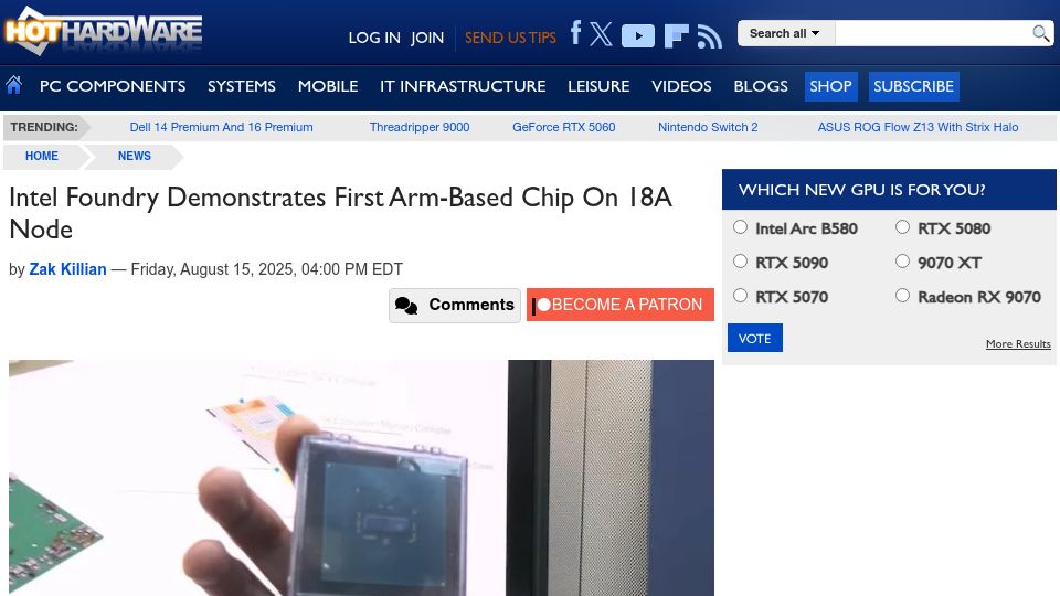 Screenshot of hothardware.com: Intel Foundry Demonstrates First Arm-Based Chip on 18A Node