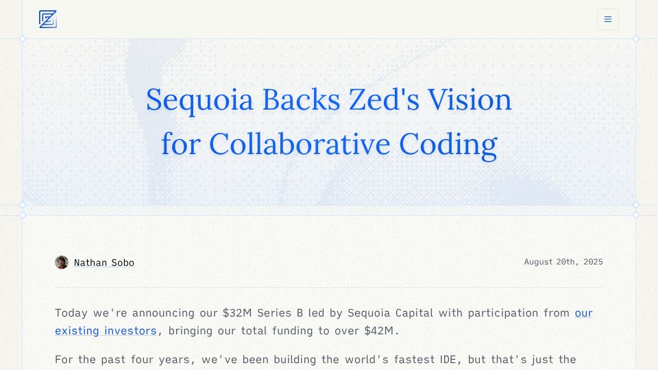 Screenshot of zed.dev: Sequoia backs Zed