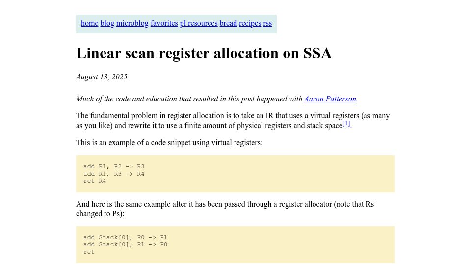 Screenshot of bernsteinbear.com: Linear scan register allocation on SSA