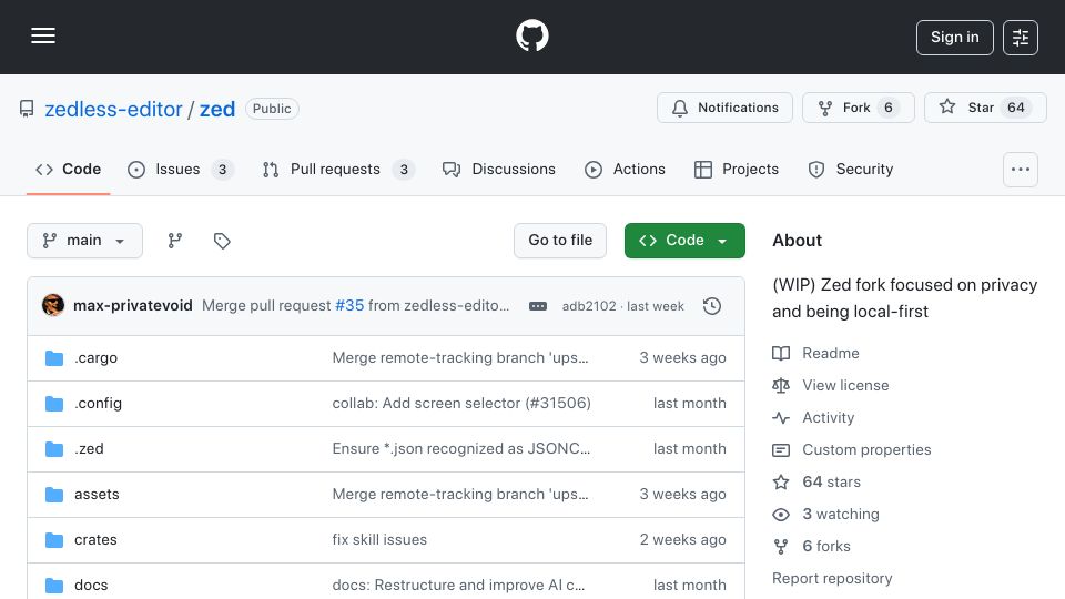 Screenshot of github.com: Zedless: Zed fork focused on privacy and being local-first