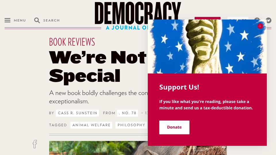 Screenshot of democracyjournal.org: We’re Not So Special: A new book challenges human exceptionalism
