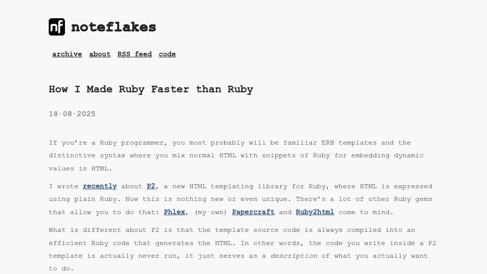 Screenshot of noteflakes.com: How I Made Ruby Faster Than Ruby