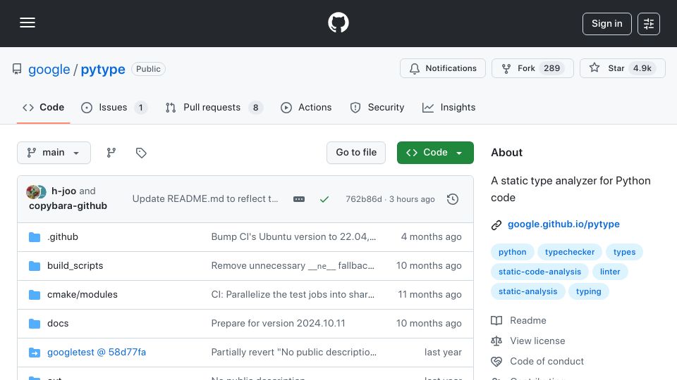 Screenshot of github.com: An Update on Pytype
