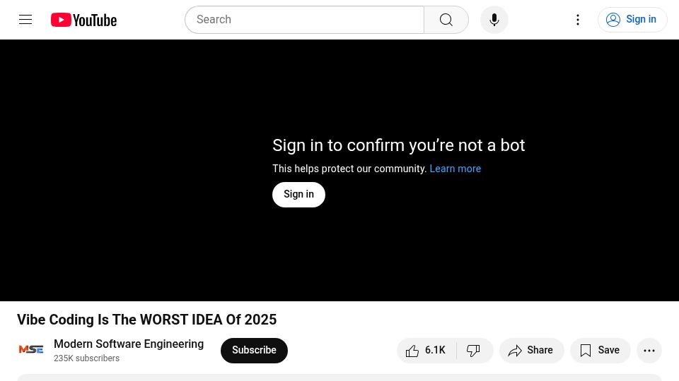 Screenshot of youtube.com: Vibe Coding Is the Worst Idea of 2025 [video]