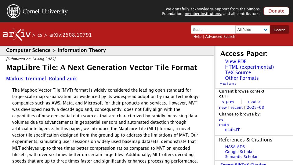 Screenshot of arxiv.org: MapLibre Tile: A next generation geospatial format optimized for rendering