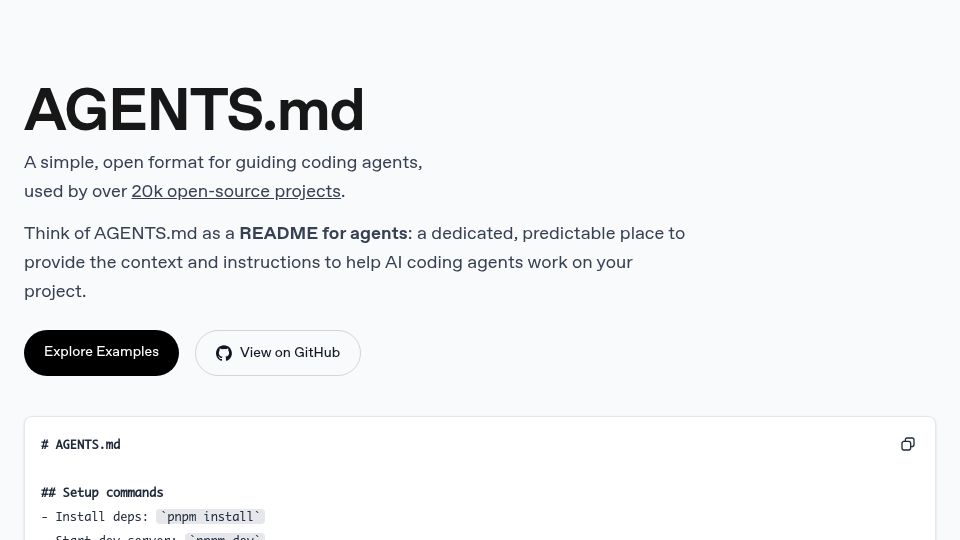 Screenshot of agents.md: AGENTS.md – Open format for guiding coding agents