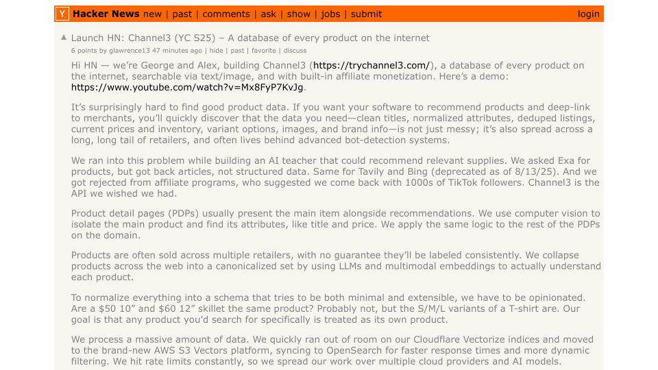 Screenshot of Hacker News post: Launch HN: Channel3 (YC S25) – A database of every product on the internet