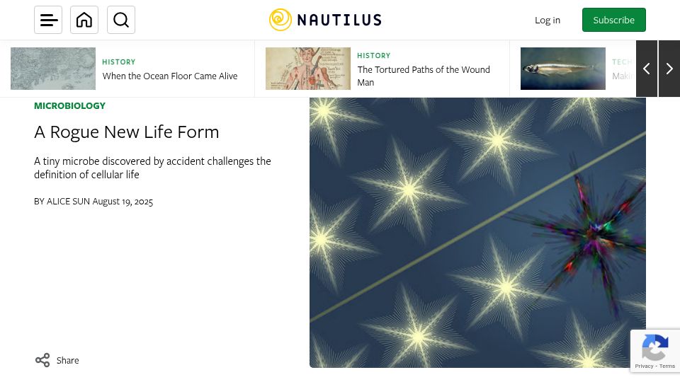 Screenshot of nautil.us: Tiny microbe challenges the definition of cellular life