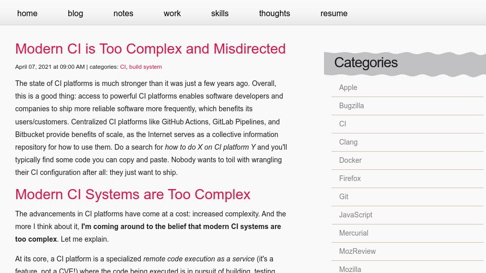 Screenshot of gregoryszorc.com: Modern CI is too complex and misdirected (2021)