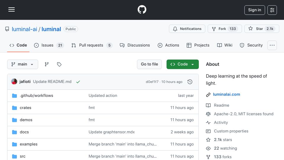 Screenshot of github.com: Show HN: Luminal – Open-source, search-based GPU compiler
