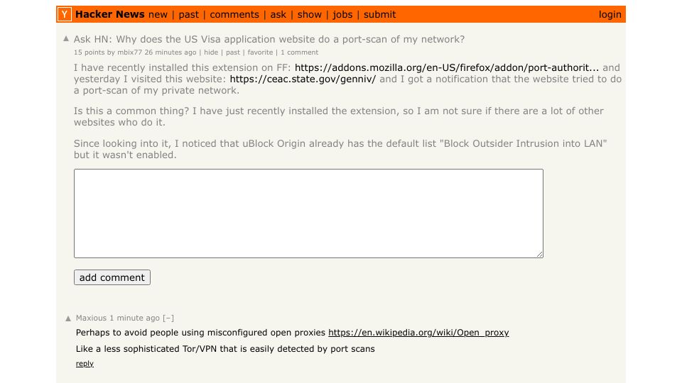 Screenshot of Hacker News post: Ask HN: Why does the US Visa application website do a port-scan of my network?
