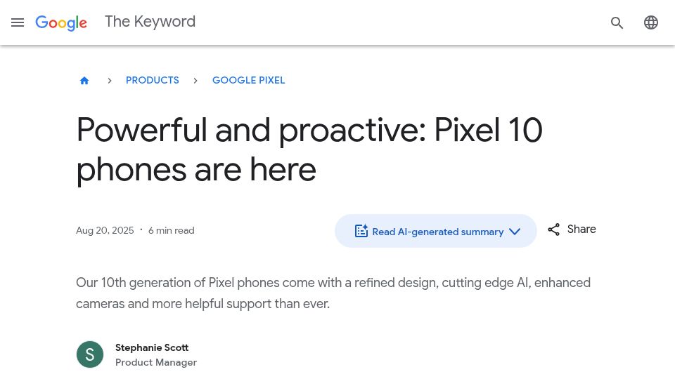 Screenshot of blog.google: Pixel 10 Phones
