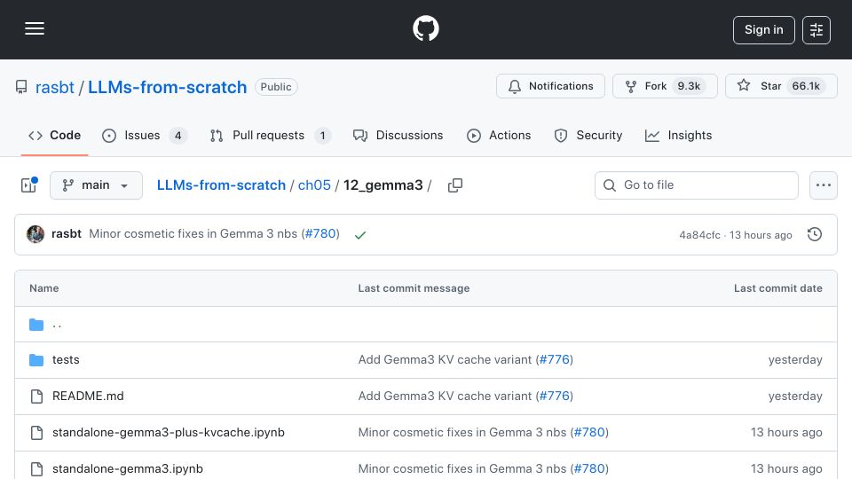 Screenshot of github.com: Gemma 3 270M re-implemented in pure PyTorch for local tinkering