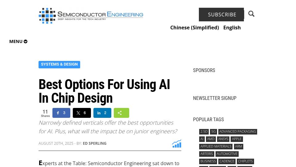 Screenshot of semiengineering.com: Best Options for Using AI in Chip Design