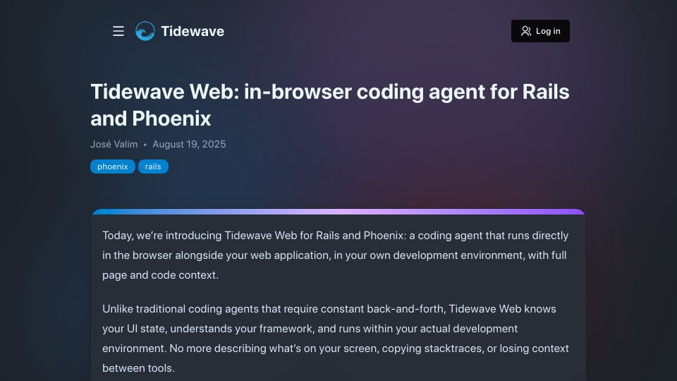 Screenshot of tidewave.ai: Tidewave Web: in-browser coding agent for Rails and Phoenix
