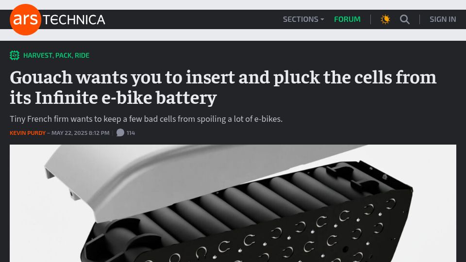 Screenshot of arstechnica.com: French firm Gouach is pitching an Infinite Battery with replaceable cells