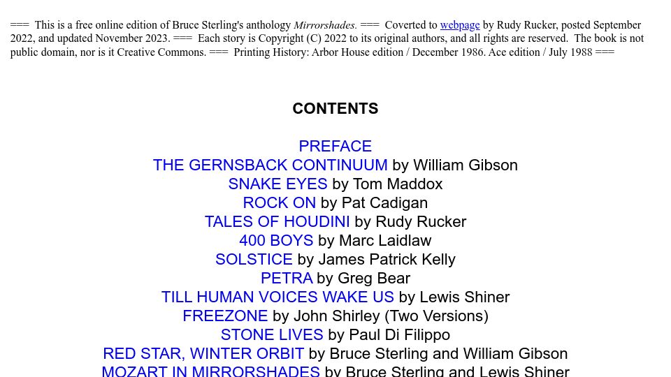 Screenshot of rudyrucker.com: Mirrorshades: The Cyberpunk Anthology (1986)