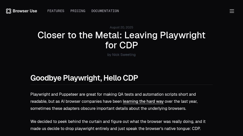 Screenshot of browser-use.com: Closer to the Metal: Leaving Playwright for CDP