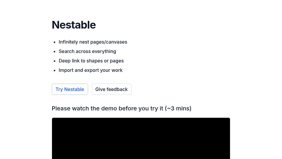 Screenshot of nestable.dev: Show HN: Nestable.dev – local whiteboard app with nestable canvases, deep links
