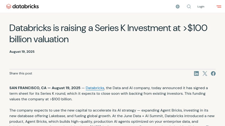 Screenshot of databricks.com: Databricks is raising a Series K Investment at >$100B valuation