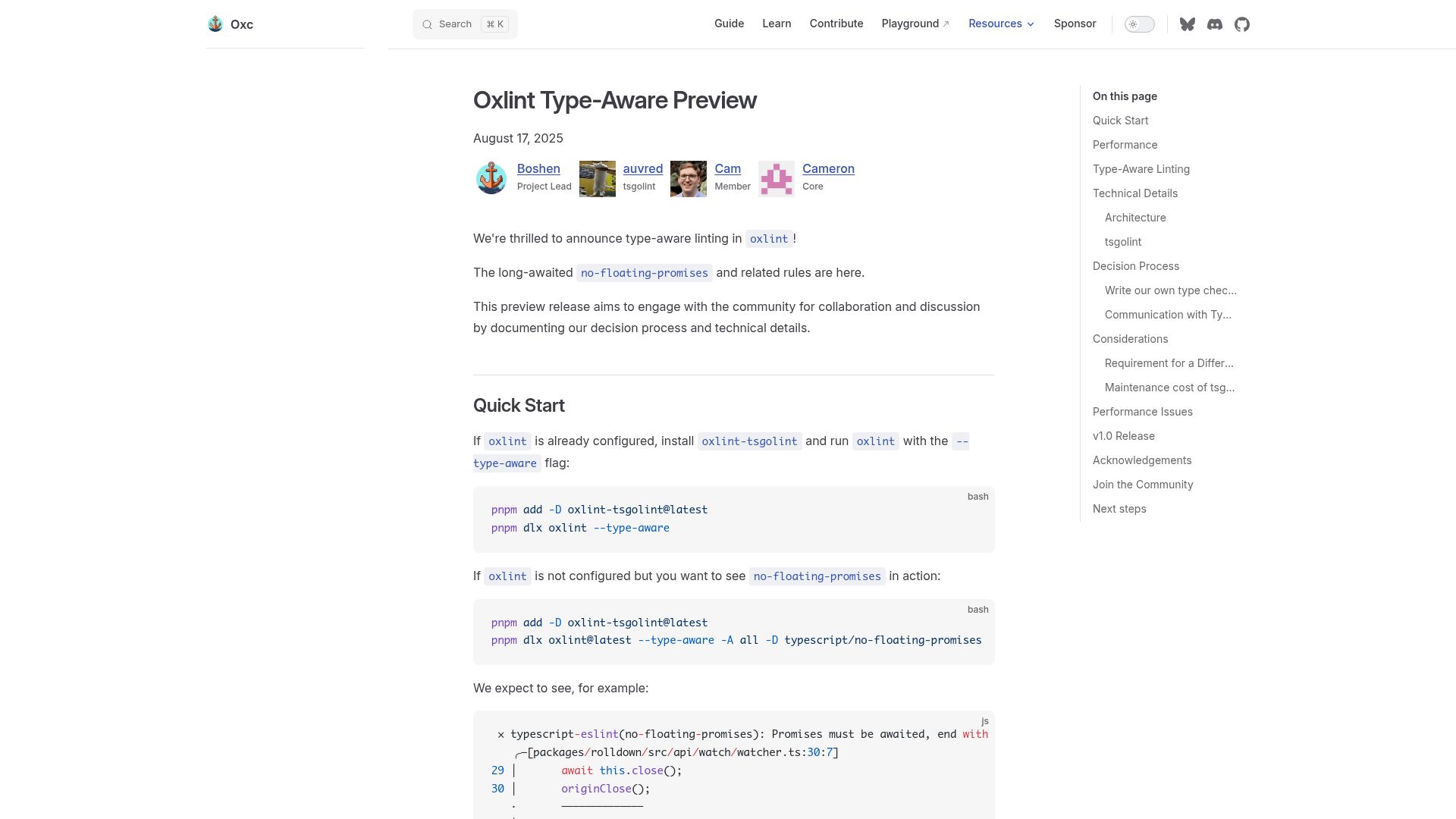 Screenshot of oxc.rs: Fast Type-Aware Linting in Oxlint